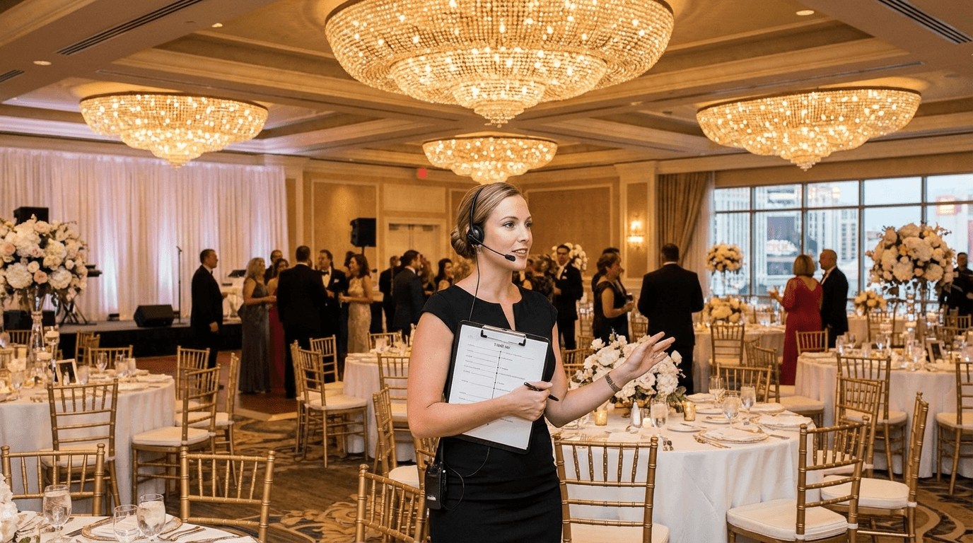 Wedding coordinator managing elegant Las Vegas wedding